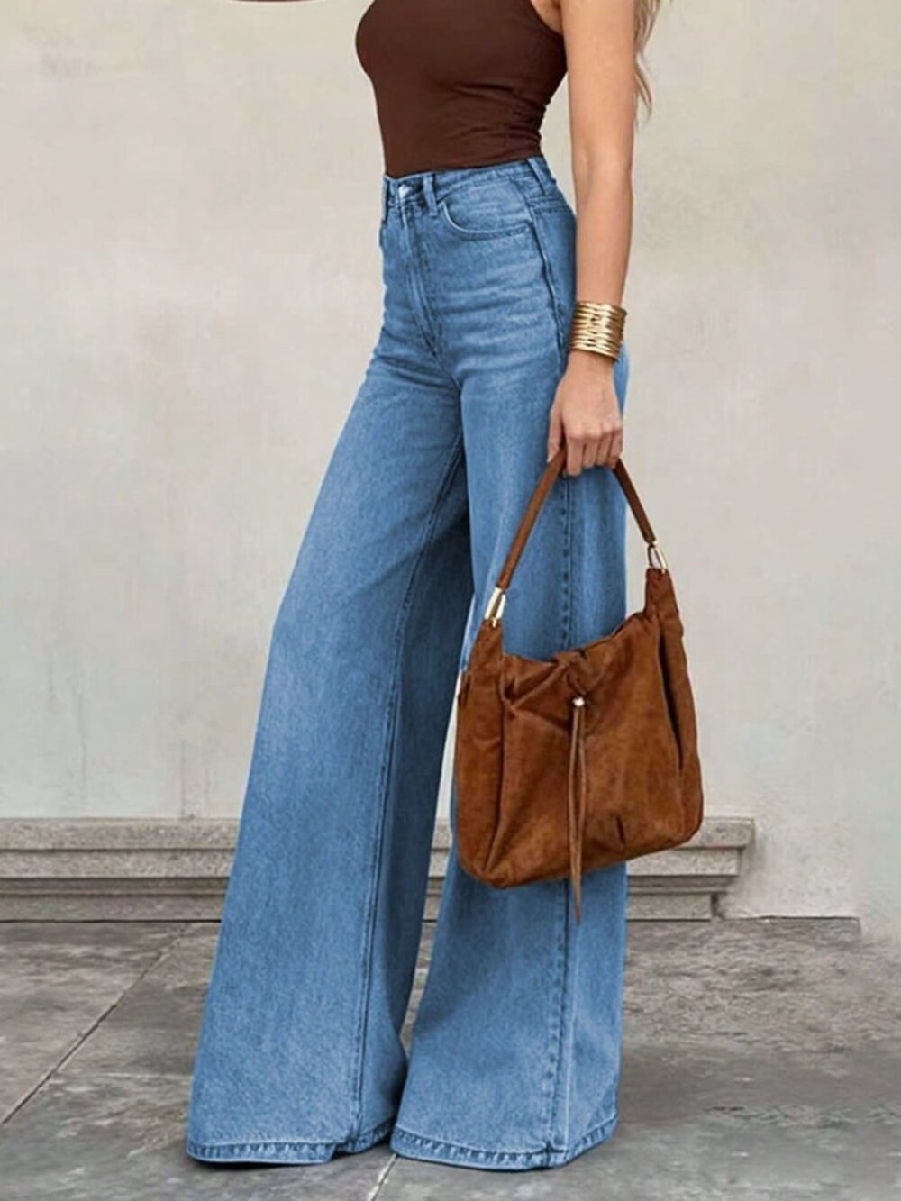 Medium Blue Casual Women's High-Waisted Wide-Leg Denim Pants with Button Zipper - Picture 4 of 5